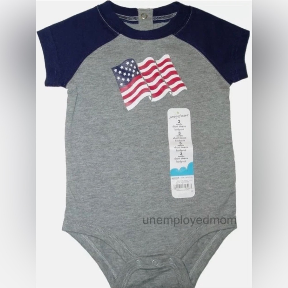 American Flag Tee Bodysuit Shirt Top Boys Grey Patriotic Memorial Day July 4 USA